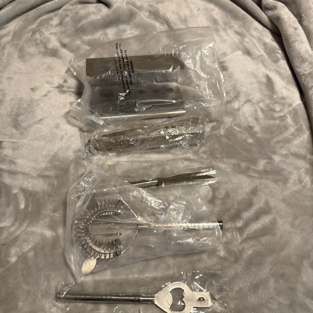 New Stainless Steel Bar‎ Tool Set w/ Stand – Strainer, Knife, Opener & Ice Tongs